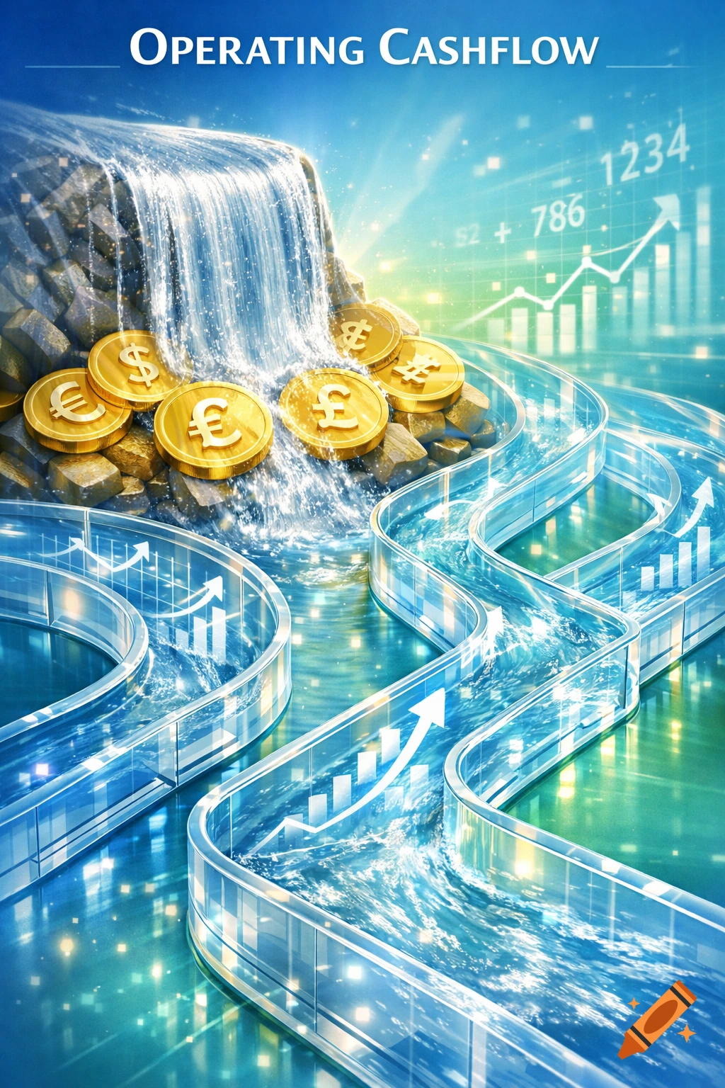 Stylized illustration showing golden coins cascading like a waterfall into glass channels with bar graphs and arrows, symbolizing operating cashflow.