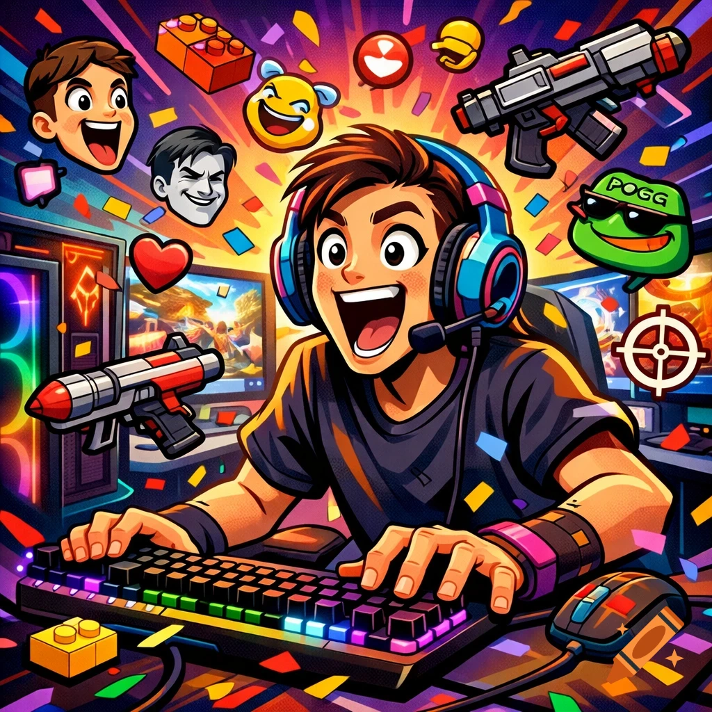 Vibrant cartoon illustration of an energetic gamer with a headset at a colorful RGB setup, surrounded by floating game icons and emotes.