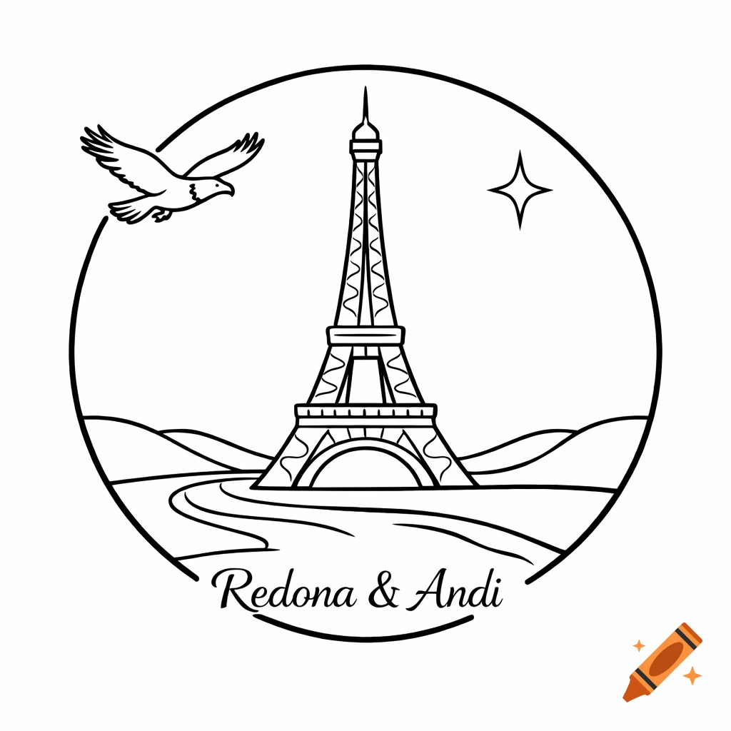 Black and white line art illustration within a circle, featuring the Eiffel Tower, an eagle flying, a river, and the text 'Redona & Andi'.