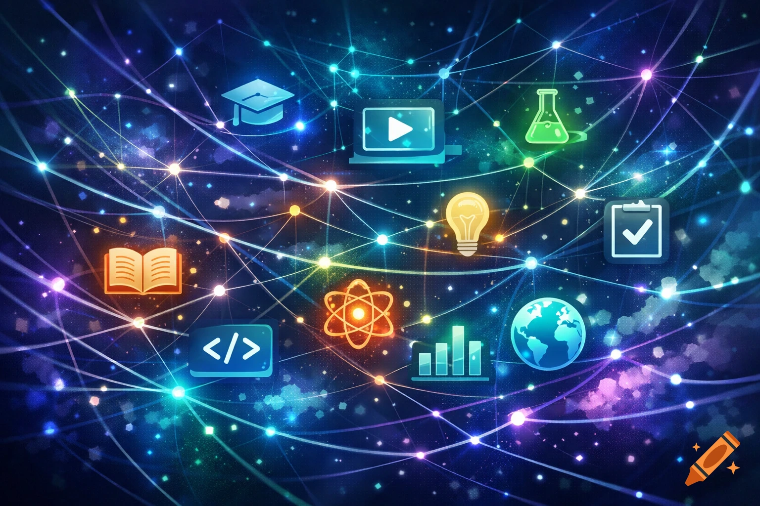 Colorful network of glowing icons representing education, science, technology, and ideas on a dark, starry background.