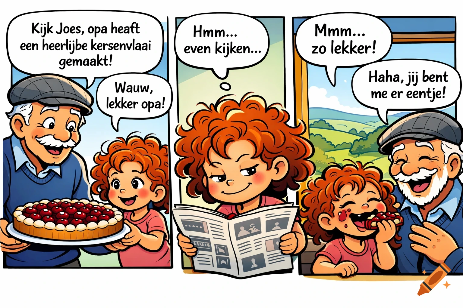 A three-panel cartoon comic strip showing a grandfather and a young girl. In the first panel, the grandfather shows a cherry pie to the girl. In the second, the girl reads a newspaper. In the third, she happily eats the pie, covered in cherry stains, as the grandfather laughs.