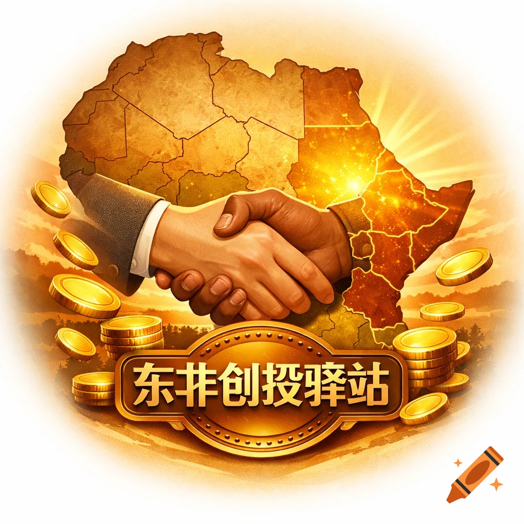 Stylized golden map of Africa with a glowing East Africa region, a handshake, and falling gold coins. Text reads 'East Africa Venture Capital Station'.