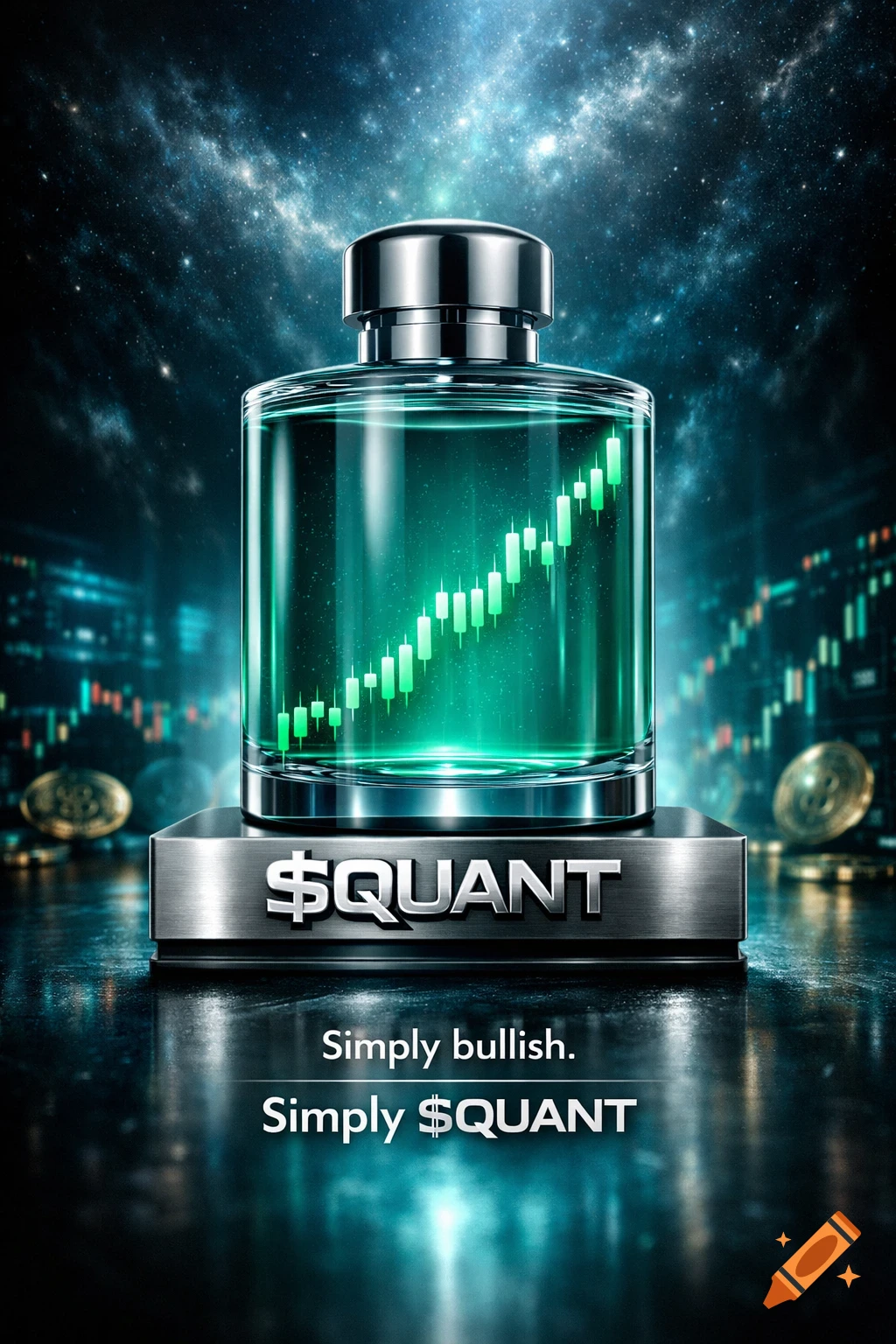 A futuristic perfume bottle with green financial charts inside, on a metallic base reading '$QUANT', against a cosmic and city background.