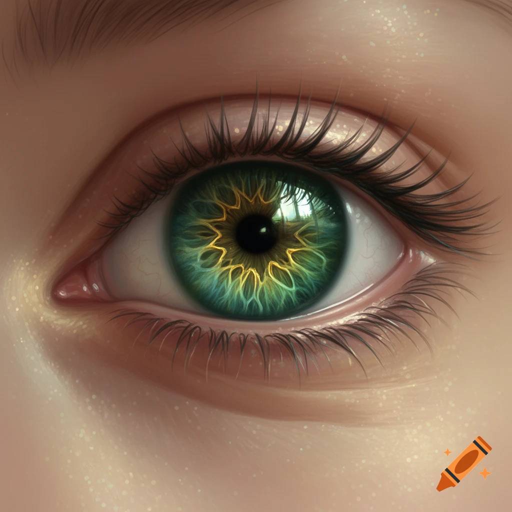 Detailed close-up of a forest green eye with intricate yellow and teal patterns on the iris and long dark eyelashes.