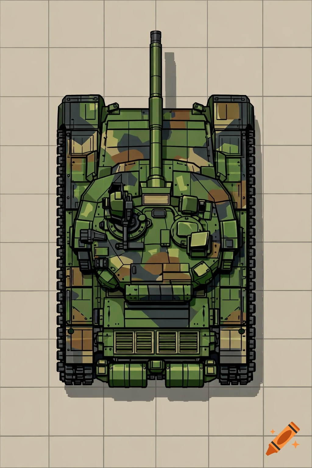 A flat 2D top-down illustration of a Russian T-90M tank with green camouflage on a light gray gridded background.