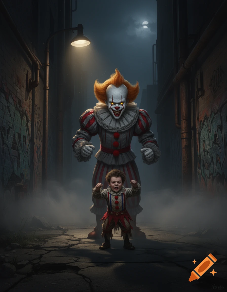 Pennywise the clown looms menacingly behind a small, distressed child clown in a dark, foggy alley, photorealistic.