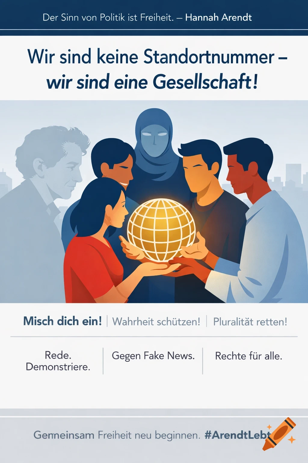 A stylized political poster with diverse figures holding a glowing globe, with German text promoting freedom and community.