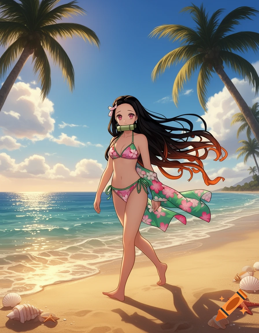 Anime character Nezuko in a pink floral bikini and green sarong walks on a sunny beach with palm trees and ocean.