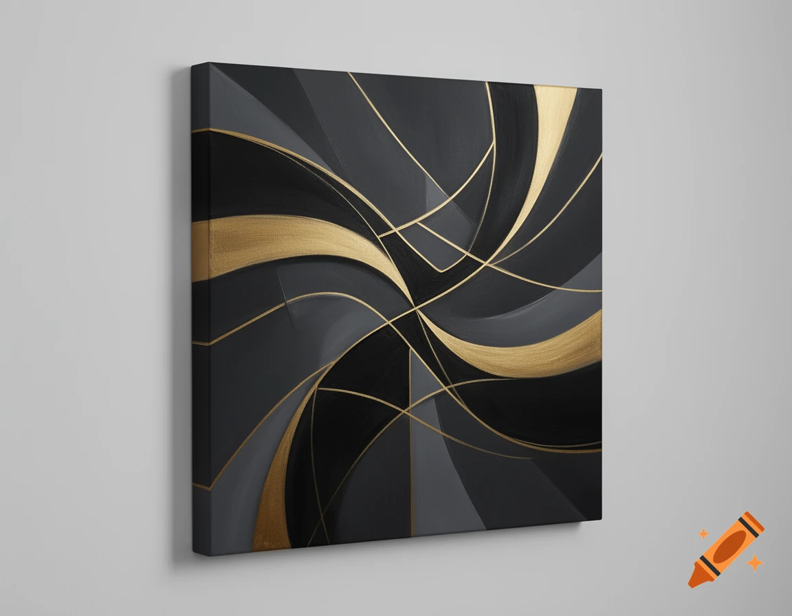 An abstract painting features swirling lines of charcoal, black, and shimmering gold against a gray wall.