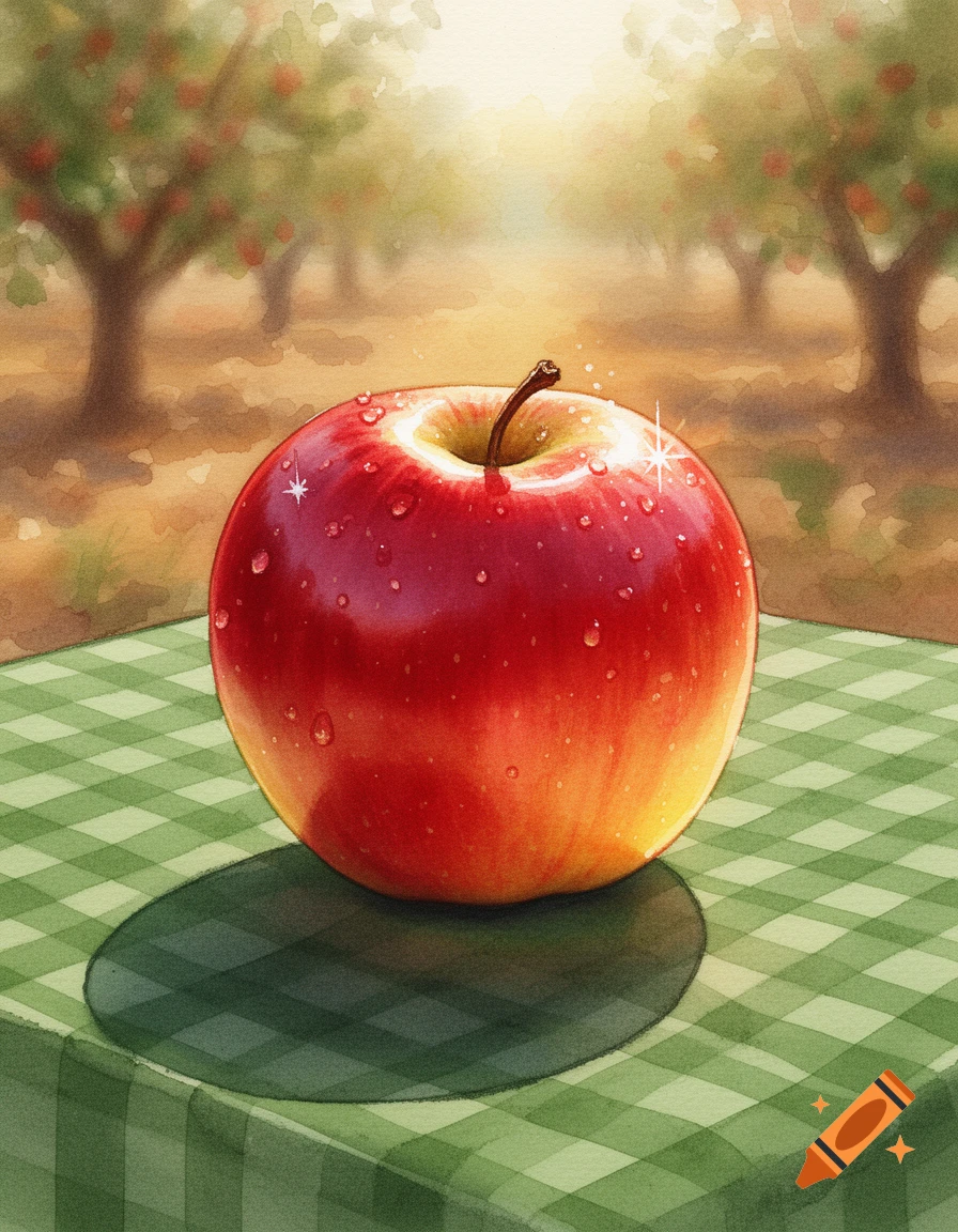 A vibrant red apple with water droplets sits on a green checkered tablecloth, against a soft watercolor backdrop of an apple orchard.