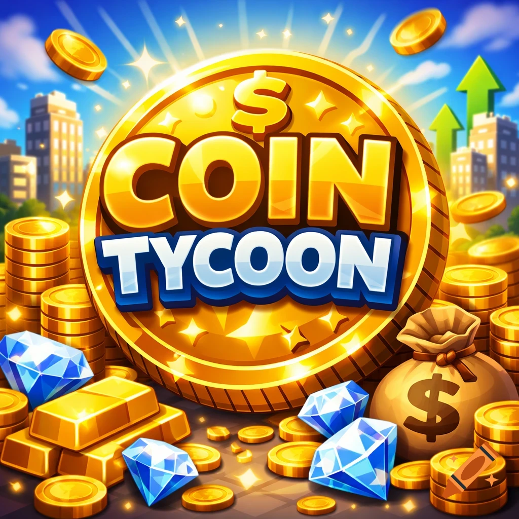 Vibrant cartoon game thumbnail showing a large gold coin with 'COIN TYCOON' text, surrounded by coins, diamonds, gold bars, and a city backdrop.