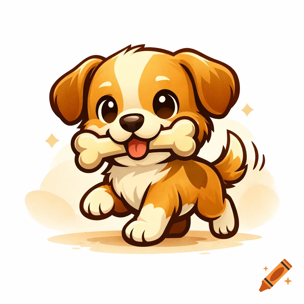 A cute, cartoon-style puppy with big eyes and brown and white fur, happily holding a bone in its mouth, with subtle sparkle accents.