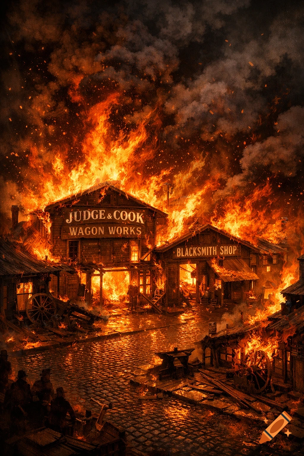 A historical town scene with 'Judge & Cook Wagon Works' and 'Blacksmith Shop' buildings fully engulfed in a raging fire at night.