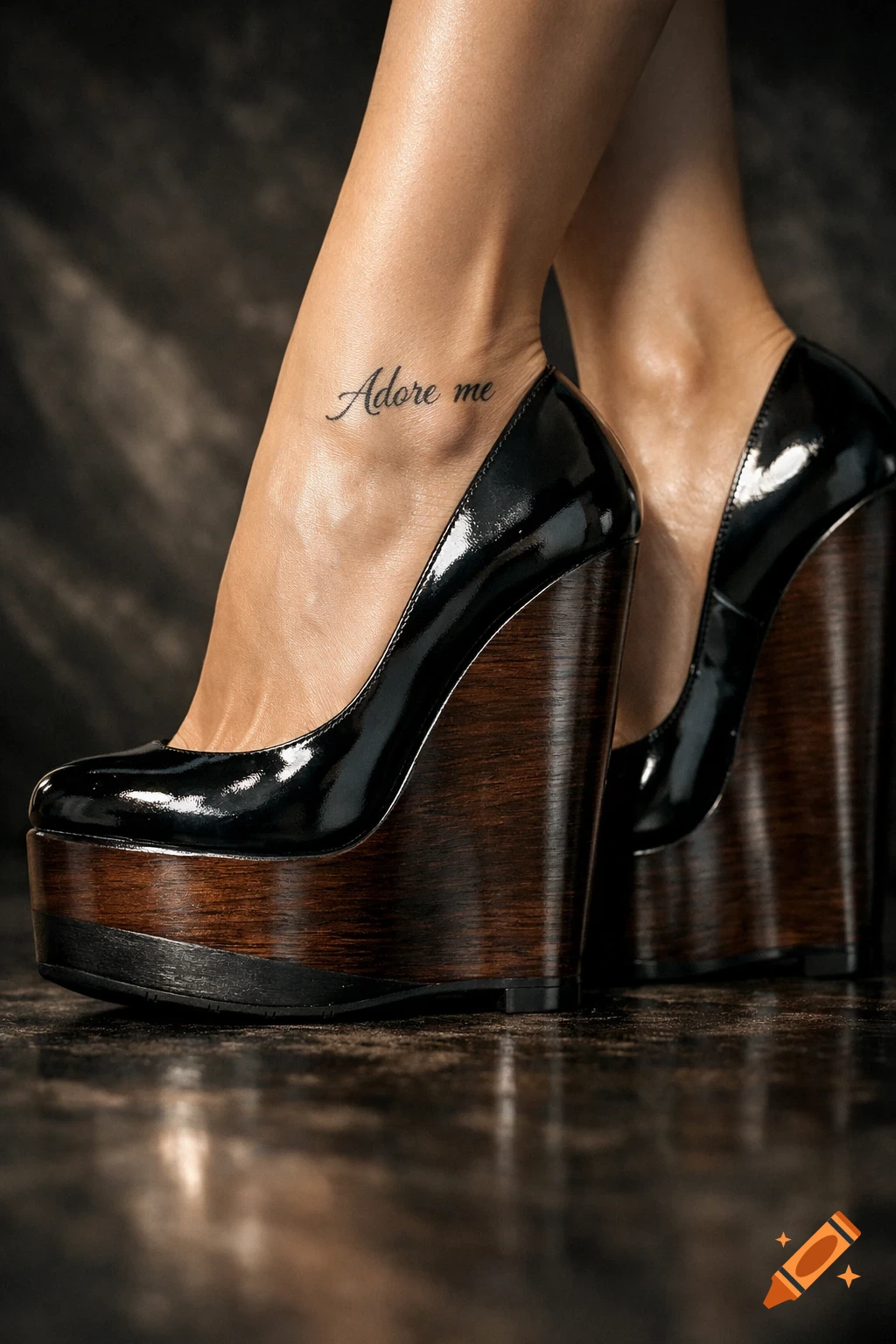 Close-up of feet in black patent leather wedge heels with a wooden platform sole, an 'Adore me' tattoo on the ankle.