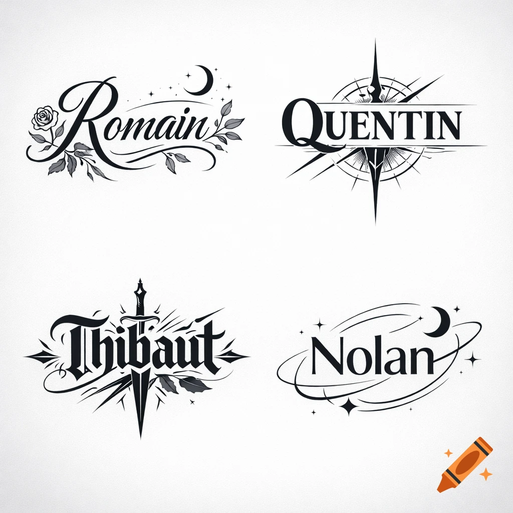 Four black and white stylized tattoo designs for names Romain, Quentin, Thibaut, and Nolan, with decorative motifs.