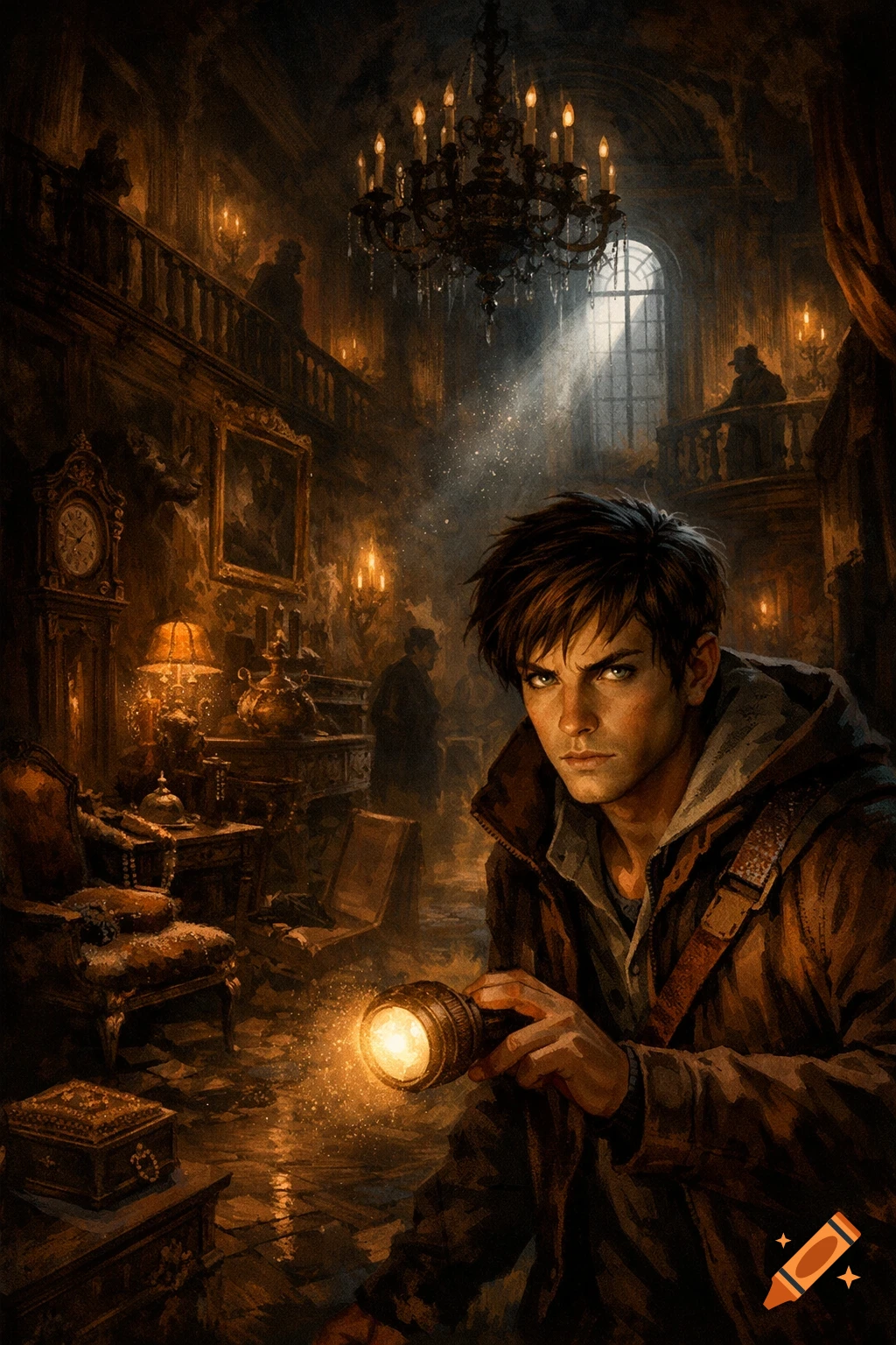 A young man with dark hair, wearing a brown coat, shines a flashlight into a dusty, candlelit mansion interior, looking intently at the viewer. Stylized illustration.