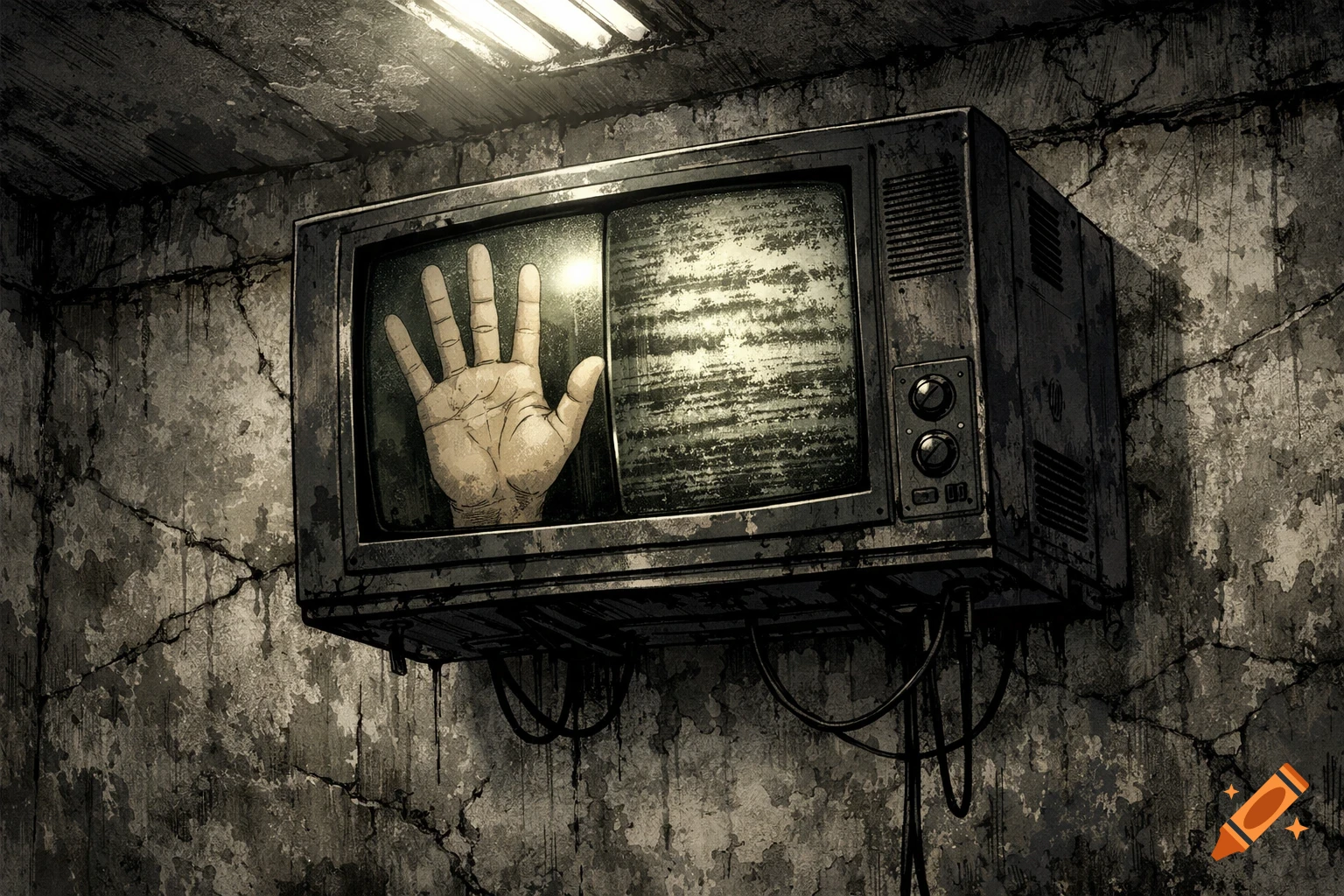 Manga-style image of a hand trapped inside a grungy, old TV set mounted on a cracked, prison-like wall.