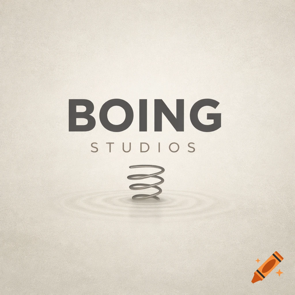 Minimalist logo for Boing Studios featuring large dark gray text and a metal spring causing ripples in a light, textured background.