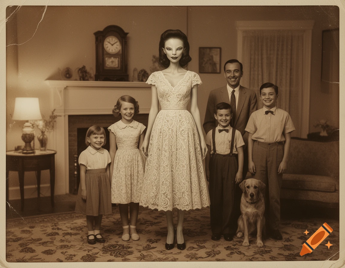A vintage sepia family portrait featuring a father, mother with alien-like features, two sons, two daughters, and a golden retriever dog in a living room.