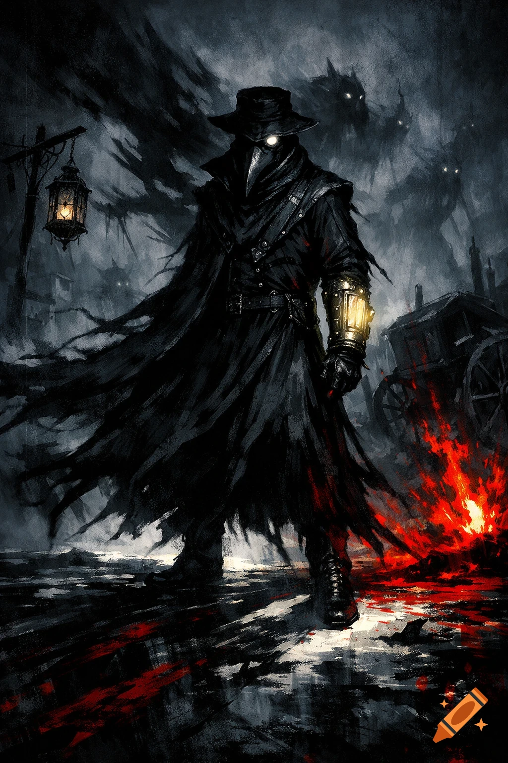 A dark fantasy illustration of a plague doctor in a flowing coat, holding a glowing lantern, with shadowy figures in a ruined, fiery village.