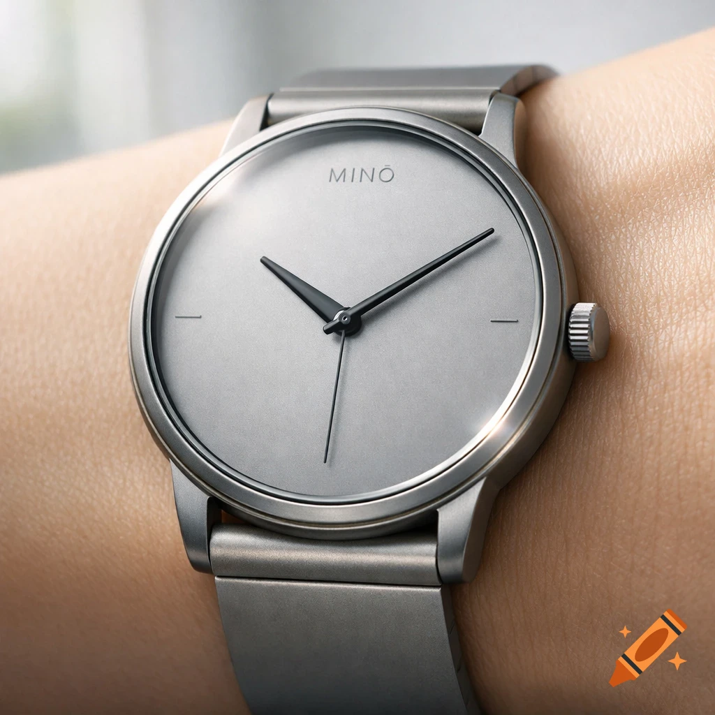 Close-up of a minimalist grey metal wristwatch with a black face and hands, labeled "MINØ", on a person's wrist.