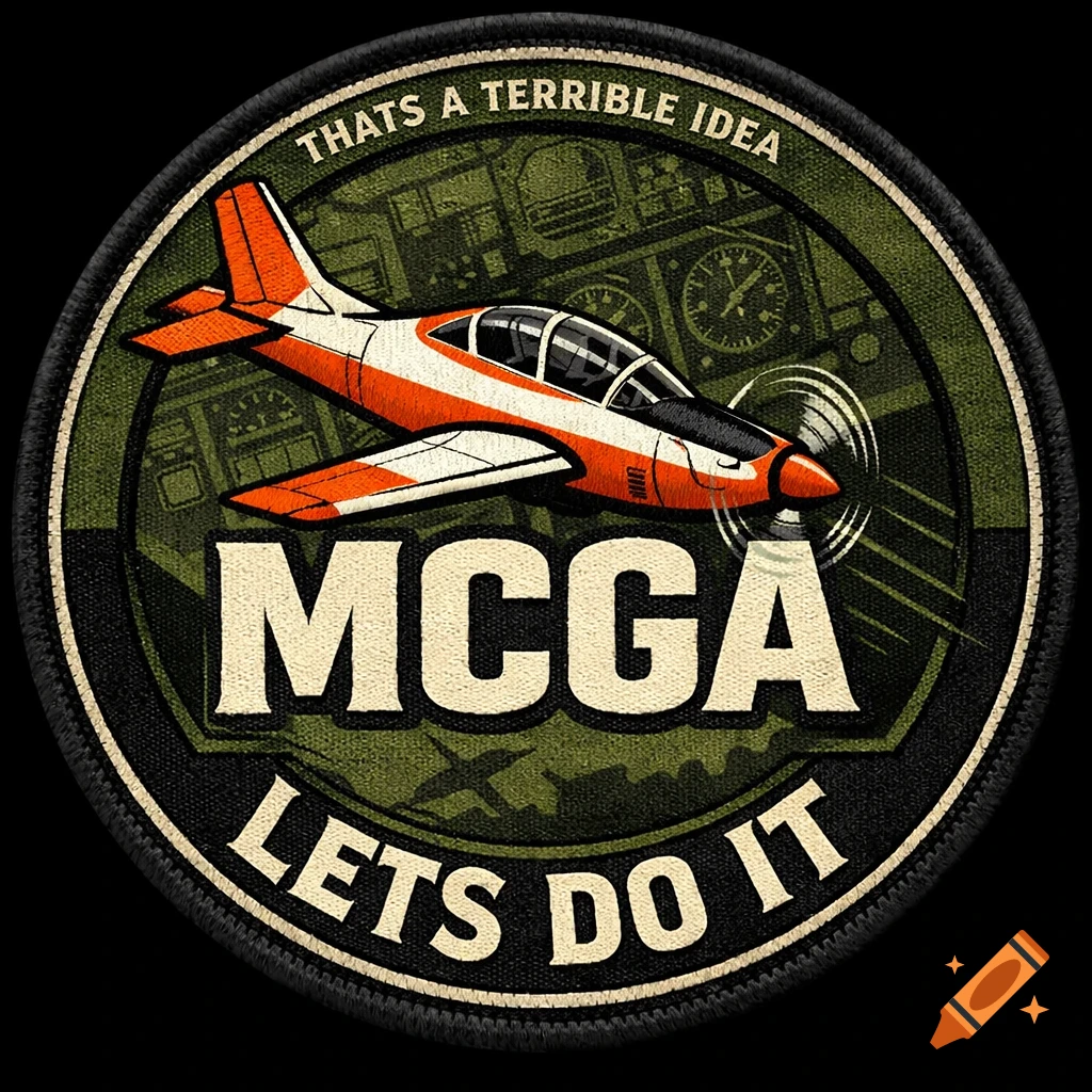 Circular embroidered patch with an orange and white training plane, flight simulator background, and text 'THATS A TERRIBLE IDEA MCGA LETS DO IT'.