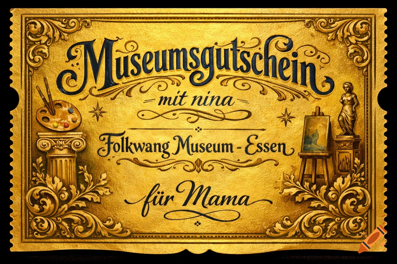 A vintage, ornate golden museum ticket with dark blue text for Folkwang Museum Essen, featuring art symbols.