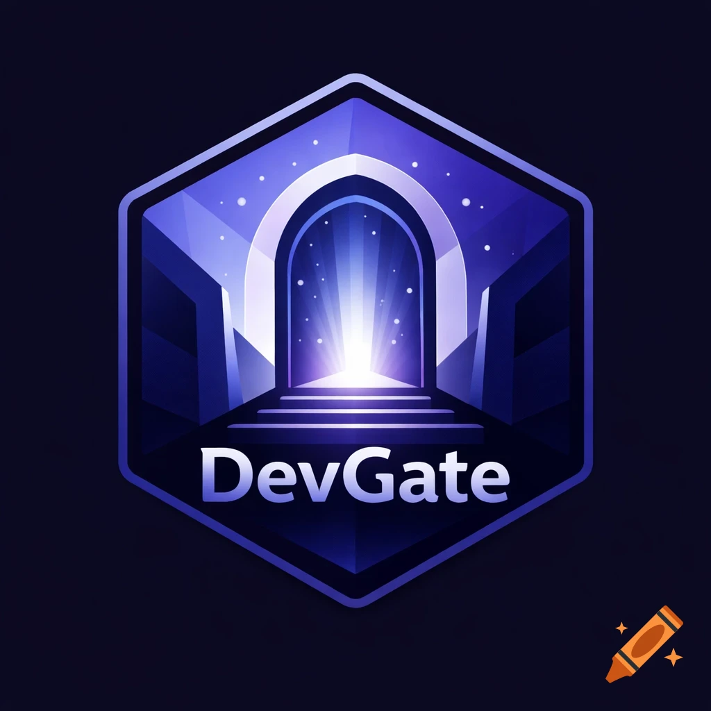 Hexagonal logo for DevGate featuring a glowing purple portal with steps and a starry effect, set against a dark background.