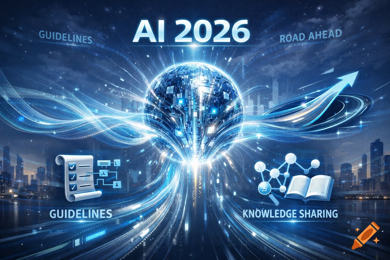 A futuristic digital graphic featuring a glowing blue globe at its core, surrounded by flowing data streams and a city skyline. Text elements read "AI 2026", "GUIDELINES", "ROAD AHEAD", and "KNOWLEDGE SHARING".