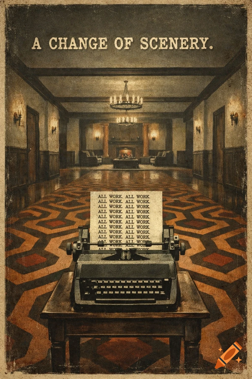 Eerie vintage poster for The Shining. Features the Overlook Hotel lobby and carpet, a typewriter with 'ALL WORK.' on paper, and 'A CHANGE OF SCENERY.' text.