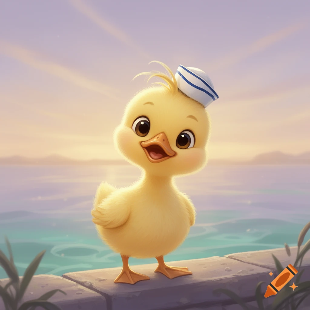 A fluffy yellow duckling wearing a white and blue striped sailor's hat stands on a stone wall by water at sunset.