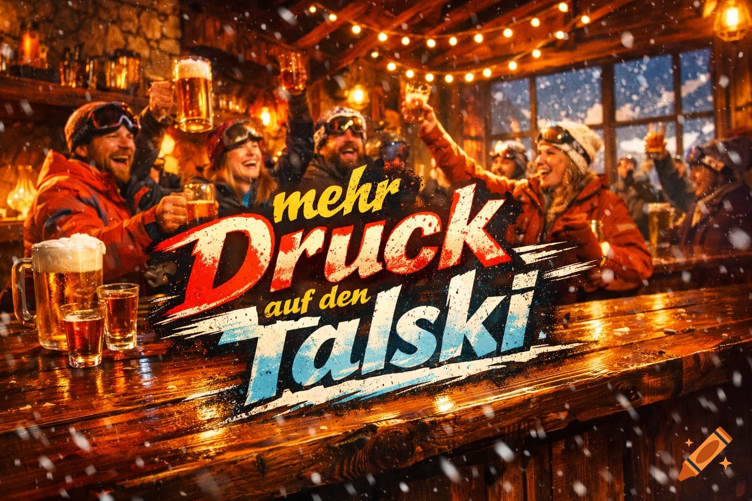 A vibrant photorealistic scene of people in an apres-ski bar, cheering with beer mugs as snow falls. German text reads "mehr Druck auf den Talski".