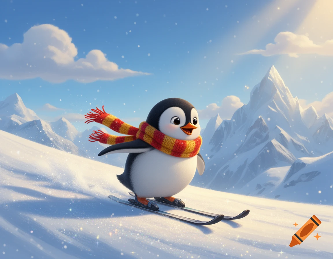 A cute cartoon penguin with a red and yellow striped scarf happily skis down a sparkling snowy mountain.