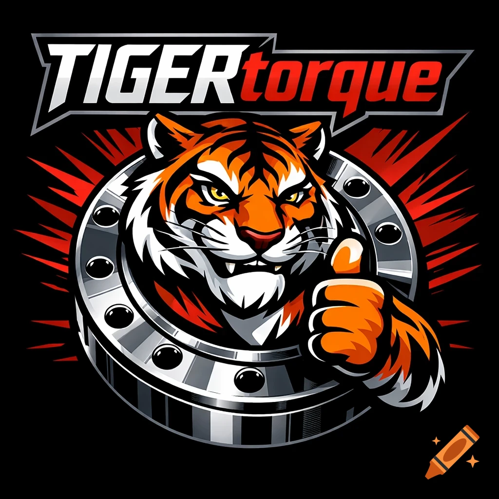 A vibrant logo featuring an orange and black striped tiger giving a thumbs-up, framed by a metal torque flange, with 'TIGERtorque' text above.