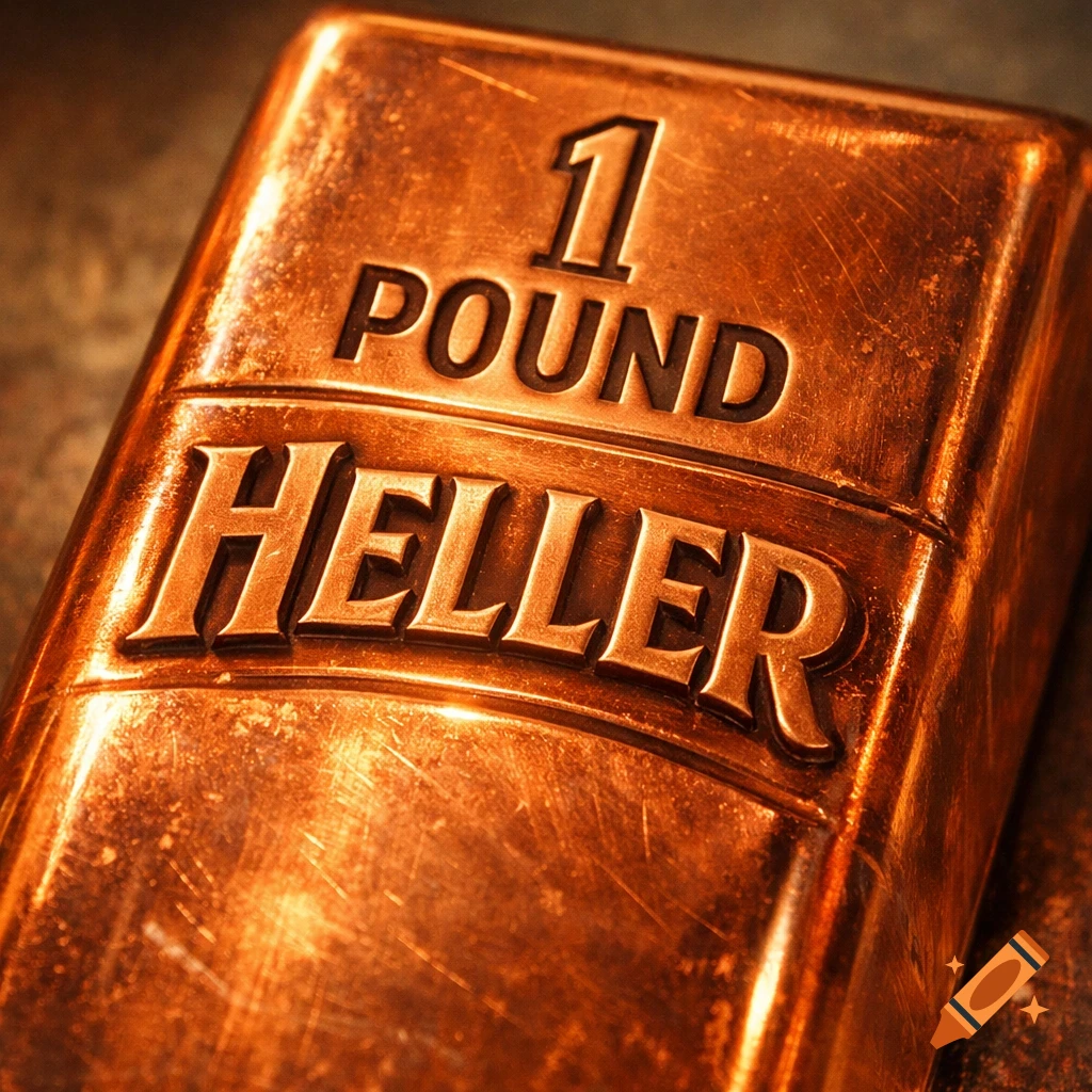 A close-up of a shiny, reddish-brown copper bar with '1 POUND HELLER' embossed on its surface.