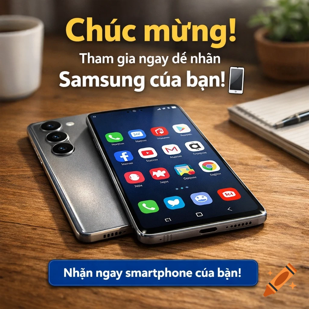 A close-up shot of a silver Samsung smartphone on a wooden table, with app icons visible on the screen and Vietnamese promotional text overlay.
