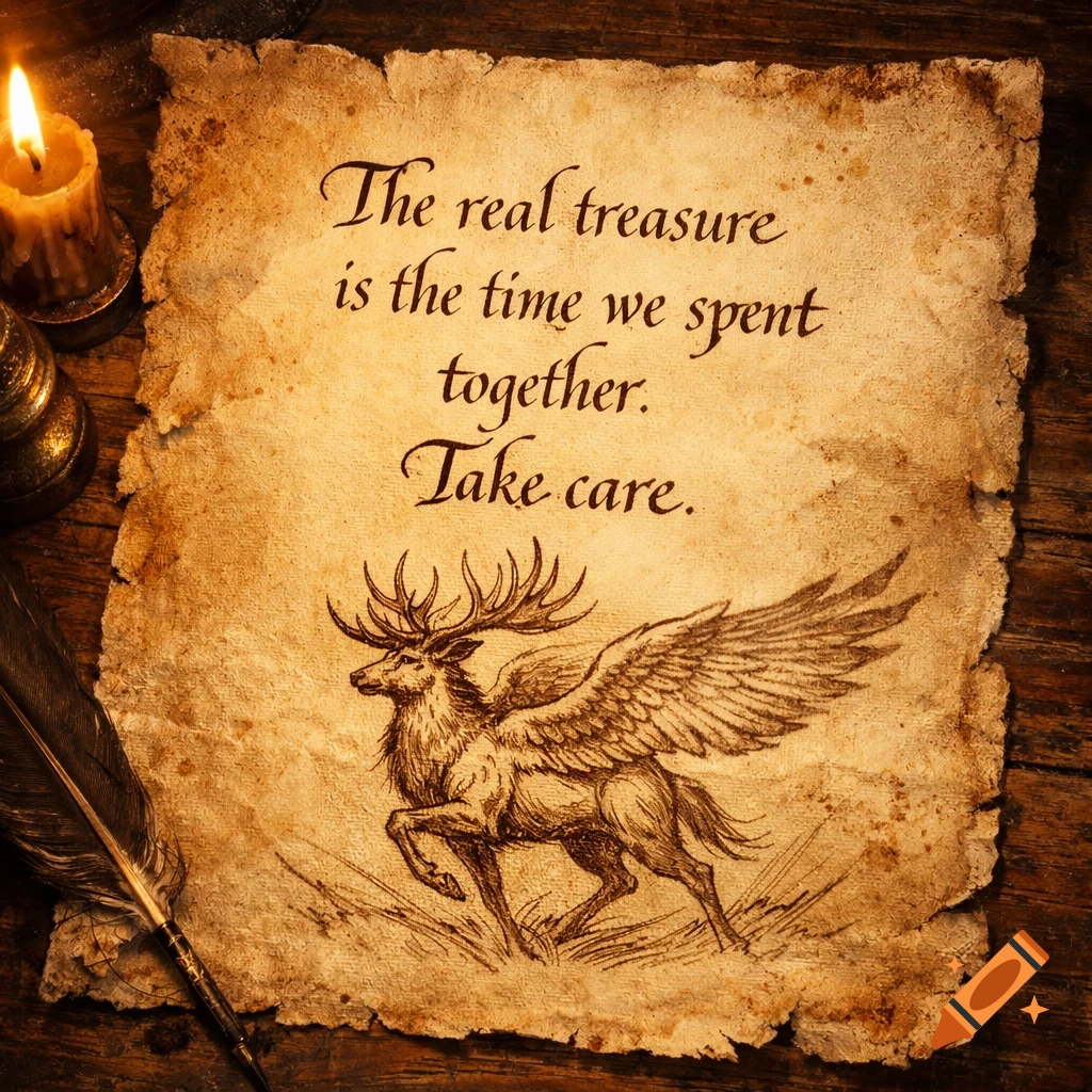 An old letter on aged paper with a message and a drawing of a winged elk, next to a quill and lit candle.