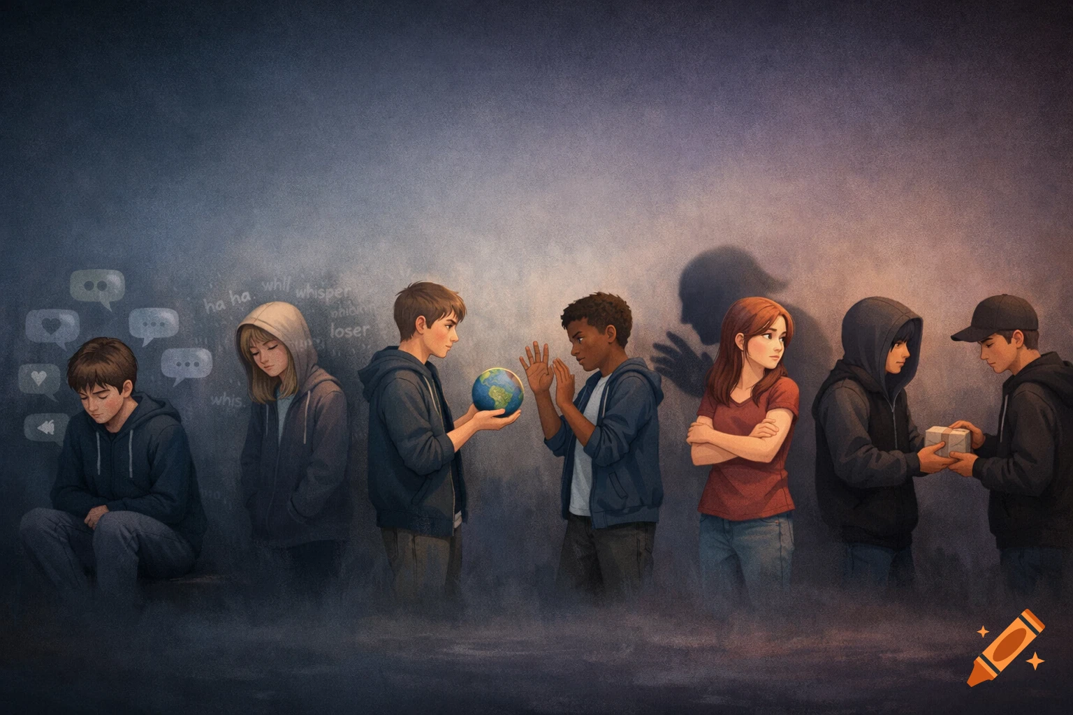 An illustration showing diverse teenagers, some isolated and sad with chat bubbles, others interacting. One holds a globe, another receives a package, and shadowy hands loom behind some, depicting themes of cyberbullying, bullying, racism, grooming, and smuggling.
