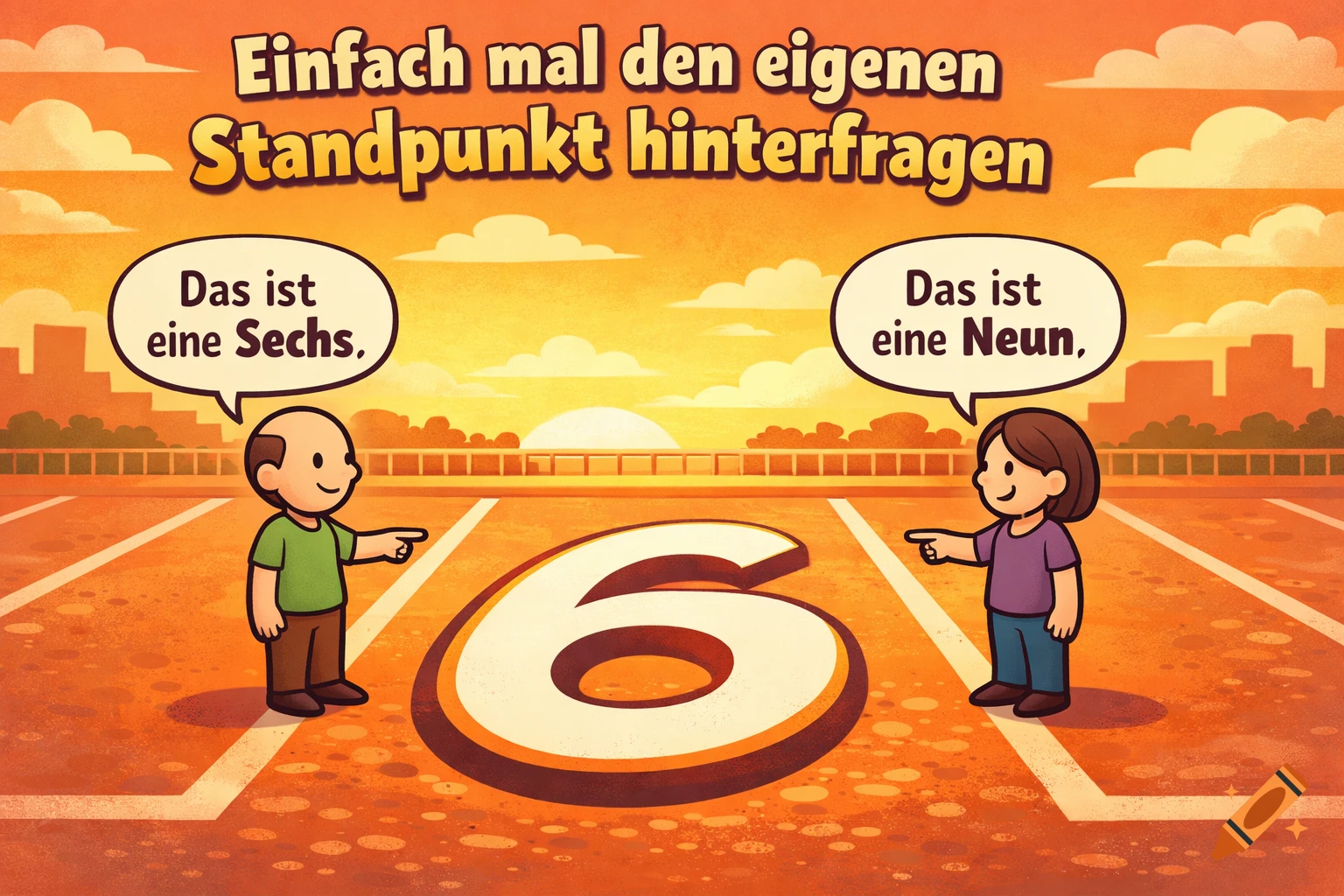 Cartoon of a man and woman pointing at a number on the ground, a 6 from one side and a 9 from the other, with a title about questioning viewpoints.