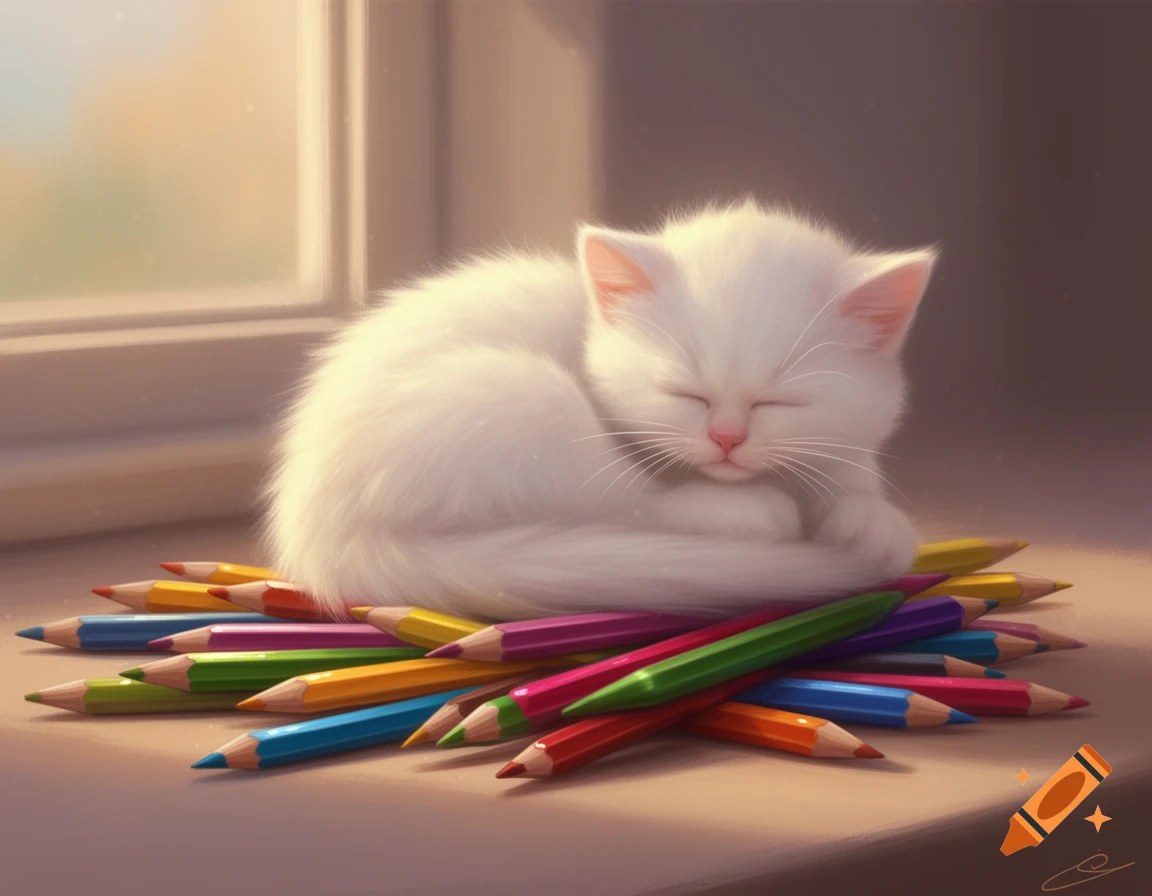 A fluffy white kitten naps peacefully on a pile of colorful colored pencils next to a window.