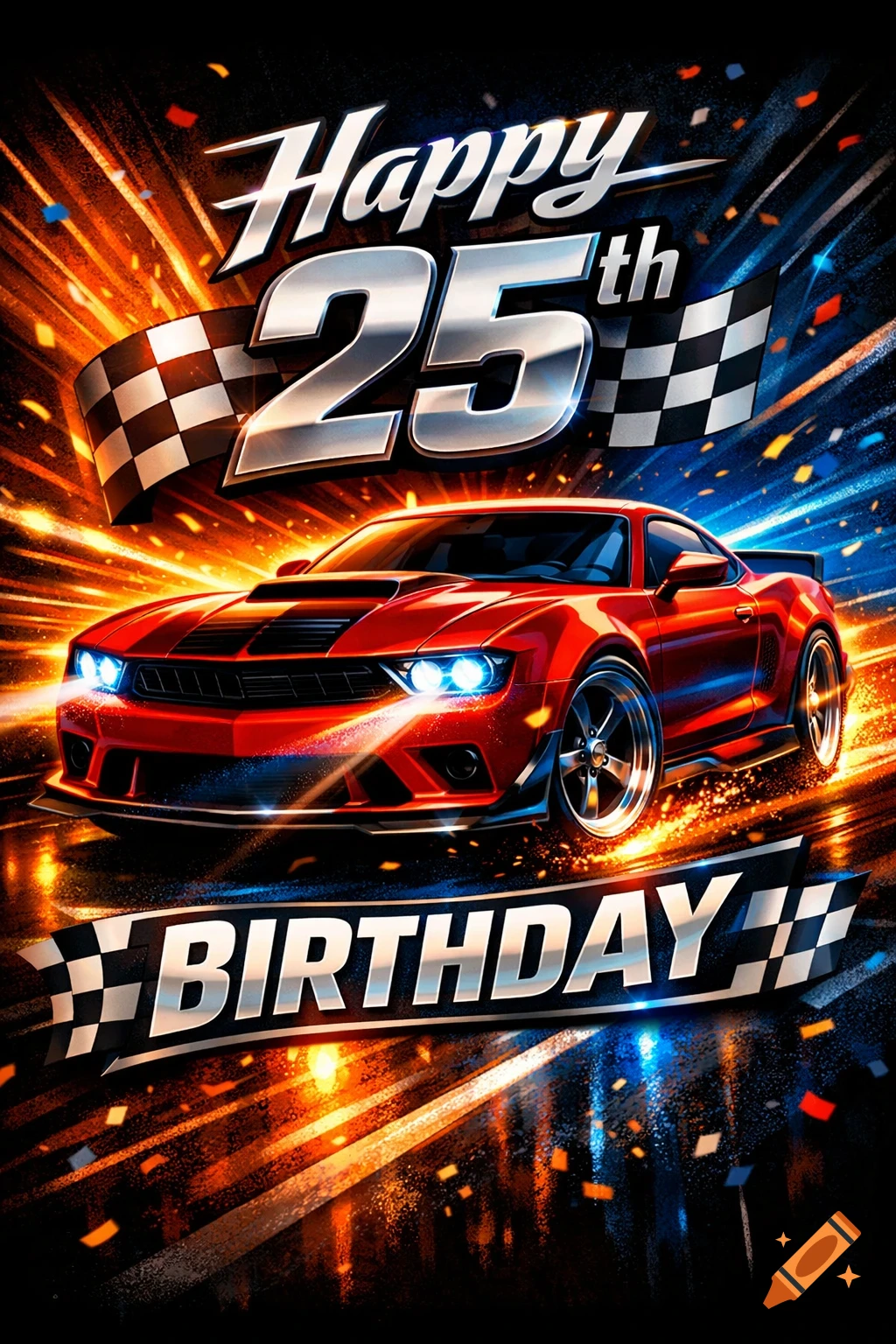A vibrant birthday card featuring a red sports car. "Happy 25th BIRTHDAY" text with racing flags, confetti, and bright streaking lights.