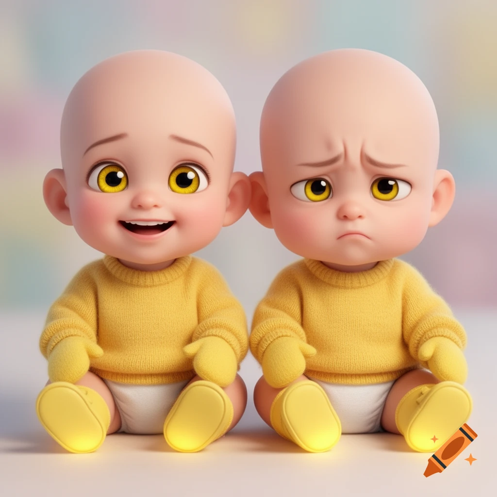 Two cartoon bald babies, one smiling and one frowning, wearing yellow sweaters, mittens, nappies, and boots.