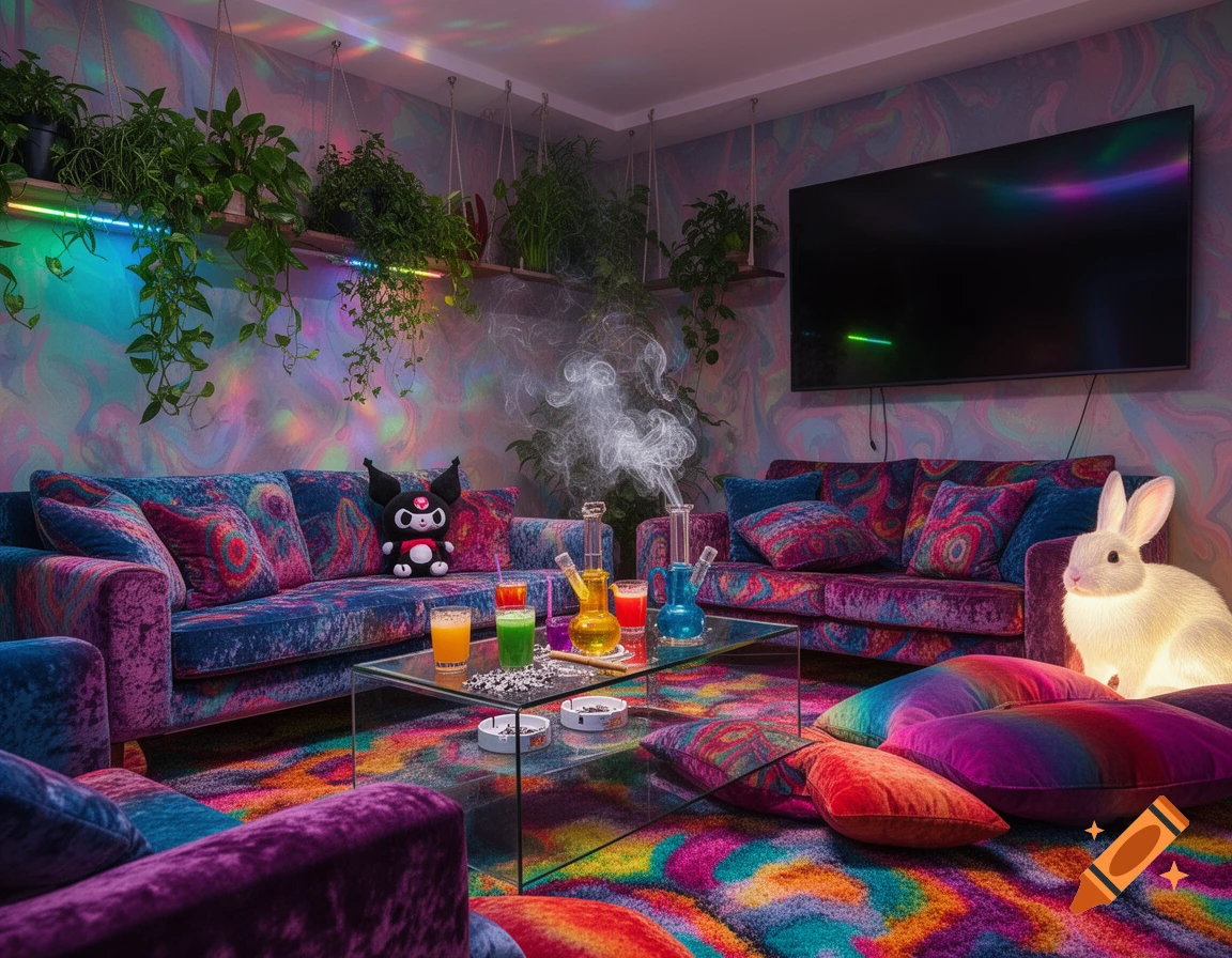 A psychedelic living room with colorful velvet couches, a glass table holding drinks and a bong, a Kuromi plush, and a glowing white rabbit, set under vibrant LED lights.