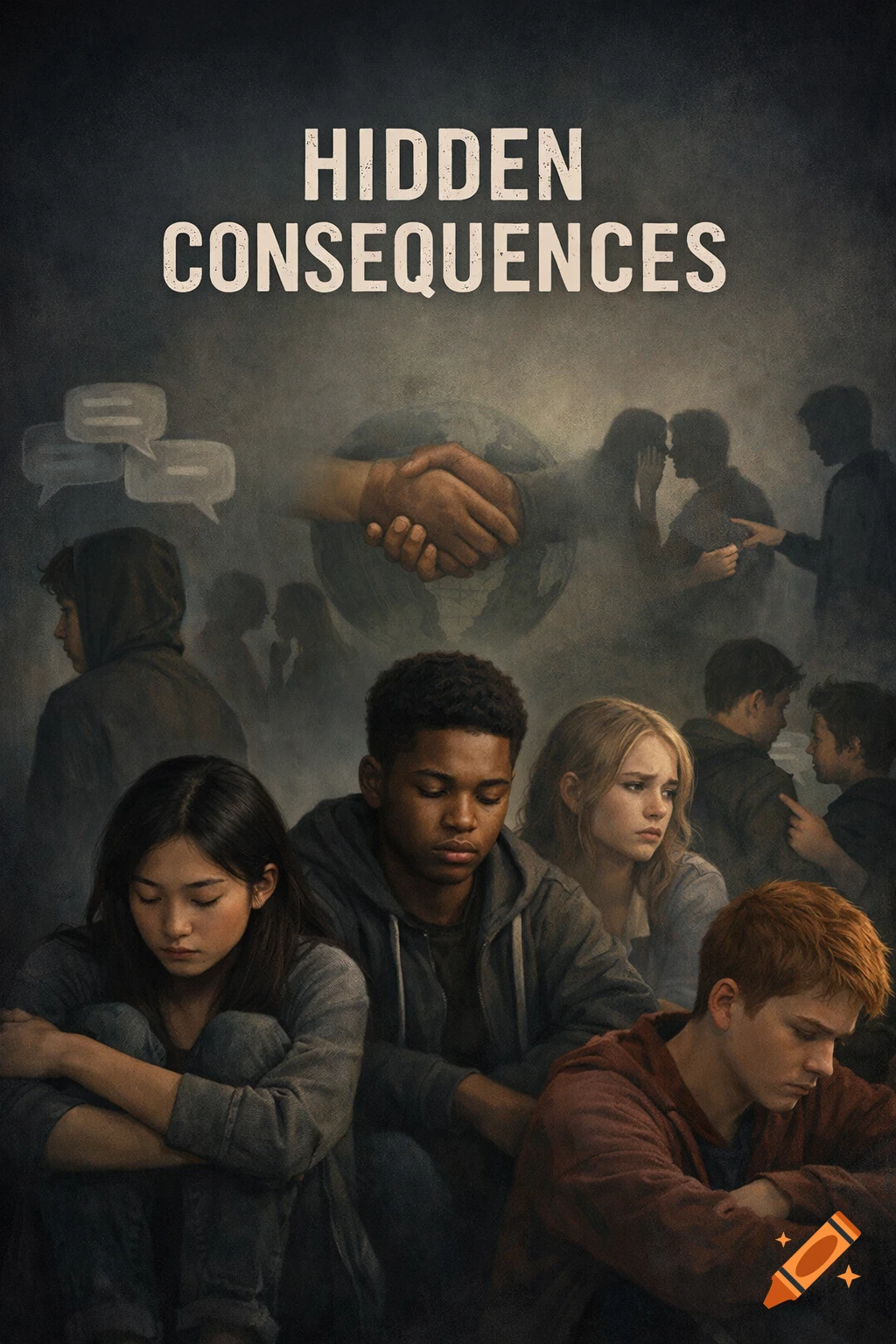 A dark, emotional illustration of diverse teenagers looking somber, with symbolic scenes of social issues and the title "HIDDEN CONSEQUENCES".