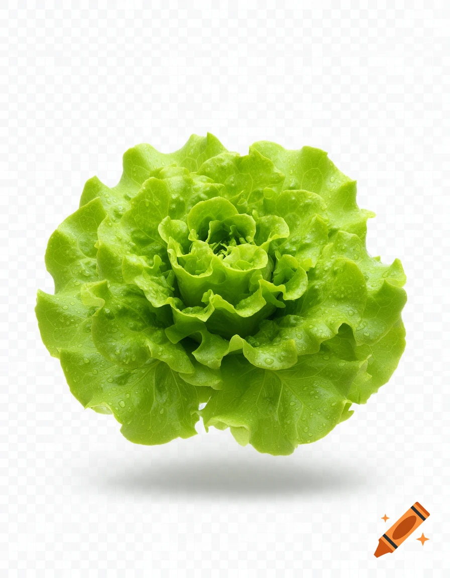 A vibrant green head of fresh lettuce with water droplets on its leaves, floating against a transparent background.