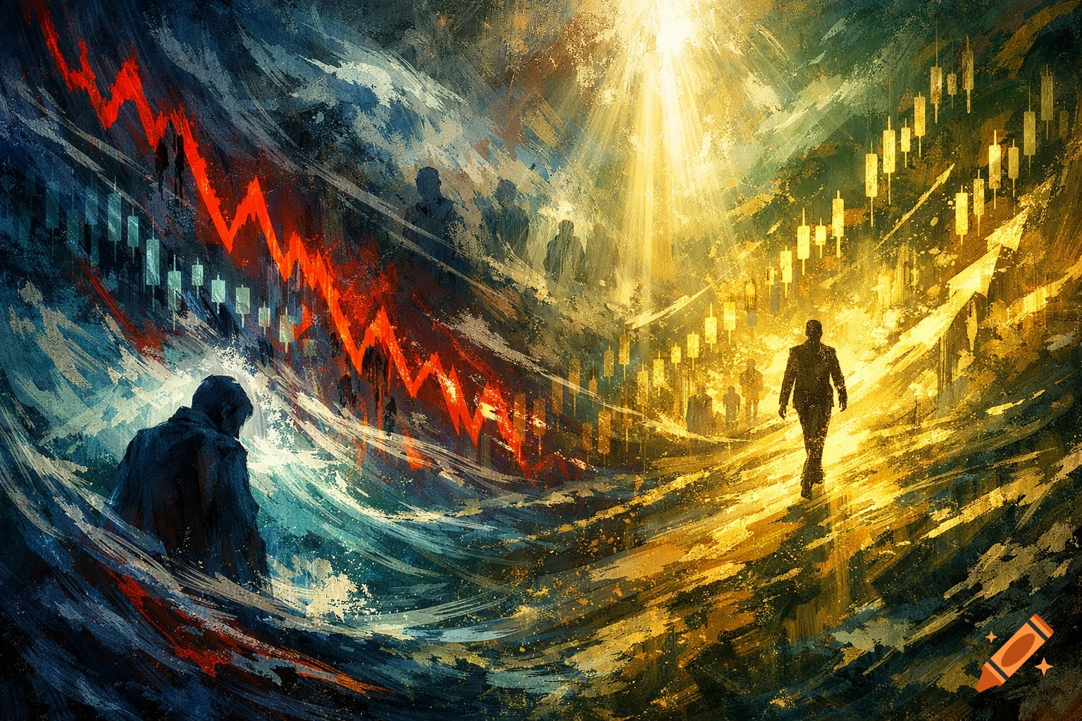 A stylized painting showing a downward red financial trend with a slumped figure on the left, contrasting with an upward golden trend and a walking figure on the right.