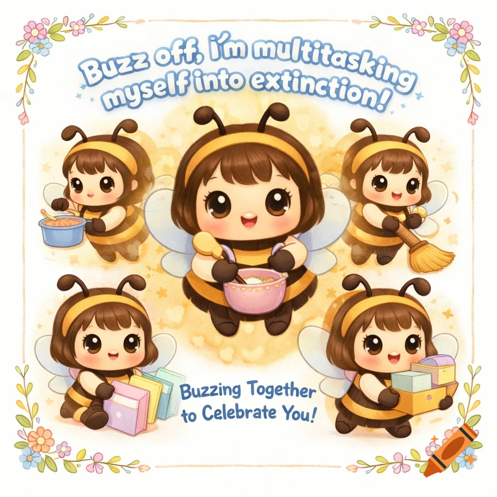 Cute cartoon greeting card showing a large bee girl surrounded by four smaller bee girls doing chores, with text: "Buzz off, I'm multitasking myself into extinction!" and "Buzzing Together to Celebrate You!"