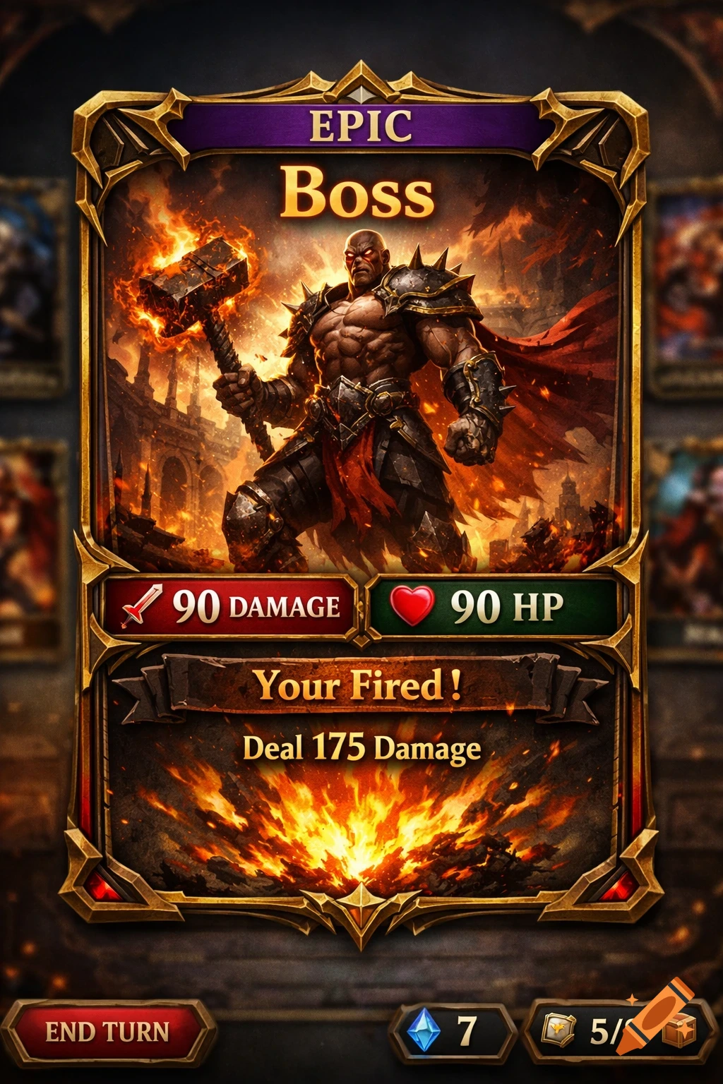 An epic-rarity fantasy trading card featuring a muscular, armored boss character with glowing red eyes, wielding a flaming hammer, against a fiery backdrop. The card displays stats like 90 damage, 90 HP, and a special attack named 'Your Fired!' that deals 175 damage.