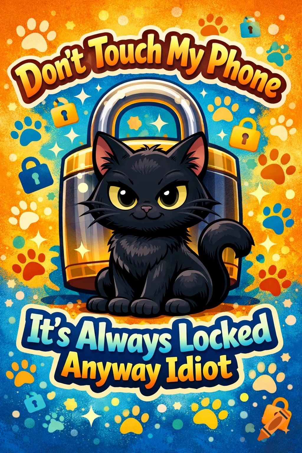 Cartoon black cat in front of a padlock, with text 'Don't Touch My Phone It's Always Locked Anyway Idiot' on a colorful background with paw prints.