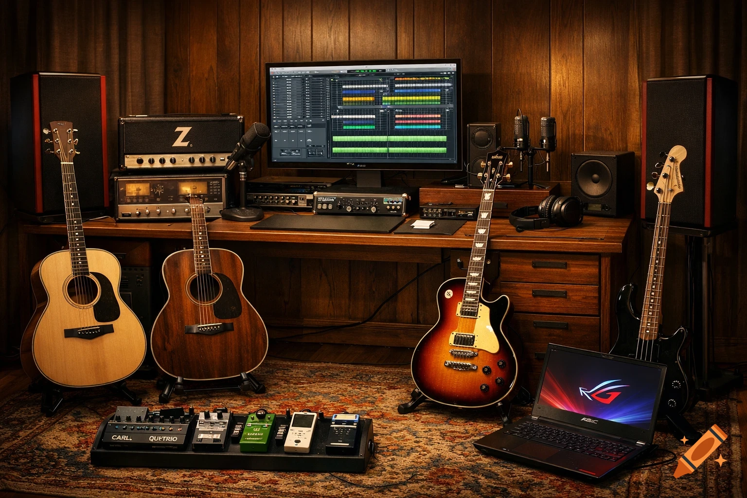 A warm, professional home recording studio with guitars, amplifiers, a monitor showing a digital audio workstation, a laptop, and a pedalboard on a patterned rug.
